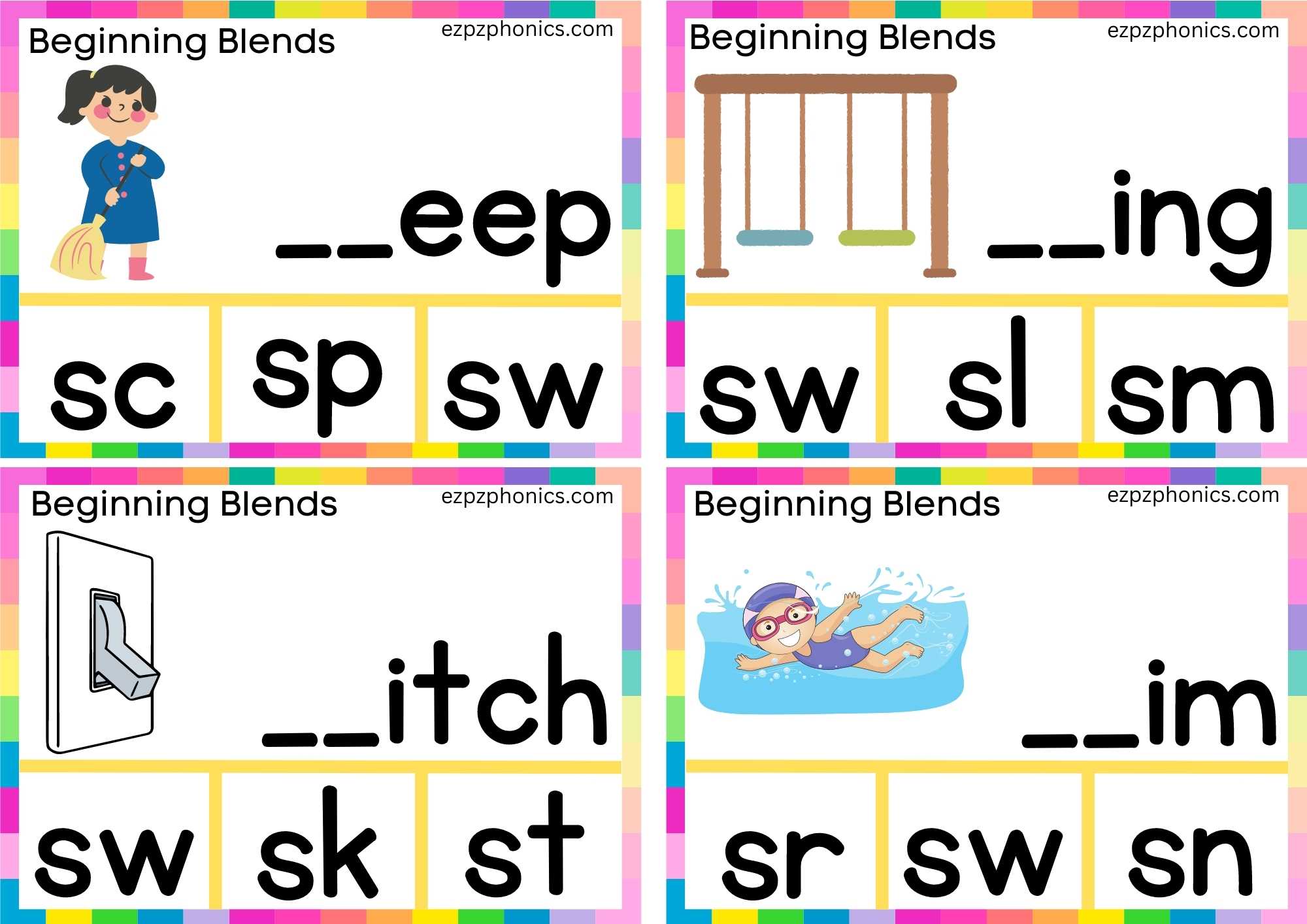 SW Beginning Blends Clip Cards Finish The Words And Clip The Correct Letters Set 1